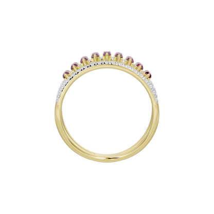 Yellow gold vermeil ring with bezel-set pink ruby baguette stones and diamond pavé border