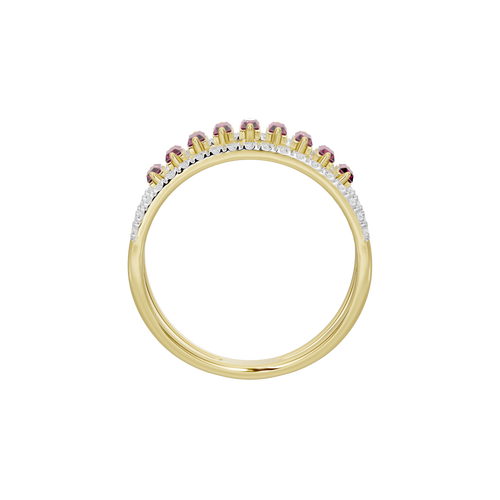 Yellow gold vermeil ring with bezel-set pink ruby baguette stones and diamond pavé border