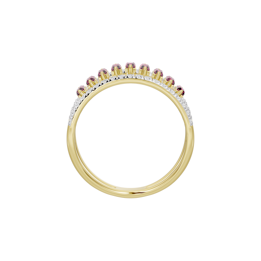 Yellow gold vermeil ring with bezel-set pink ruby baguette stones and diamond pavé border