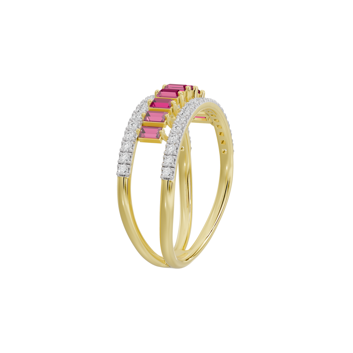 Yellow gold vermeil ring with pink ruby baguette stones, framed by white diamond pavé