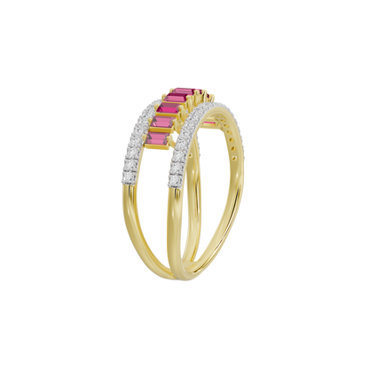 Yellow gold vermeil ring with pink ruby baguette stones, framed by white diamond pavé