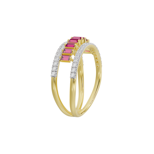 Yellow gold vermeil ring with pink ruby baguette stones, framed by white diamond pavé