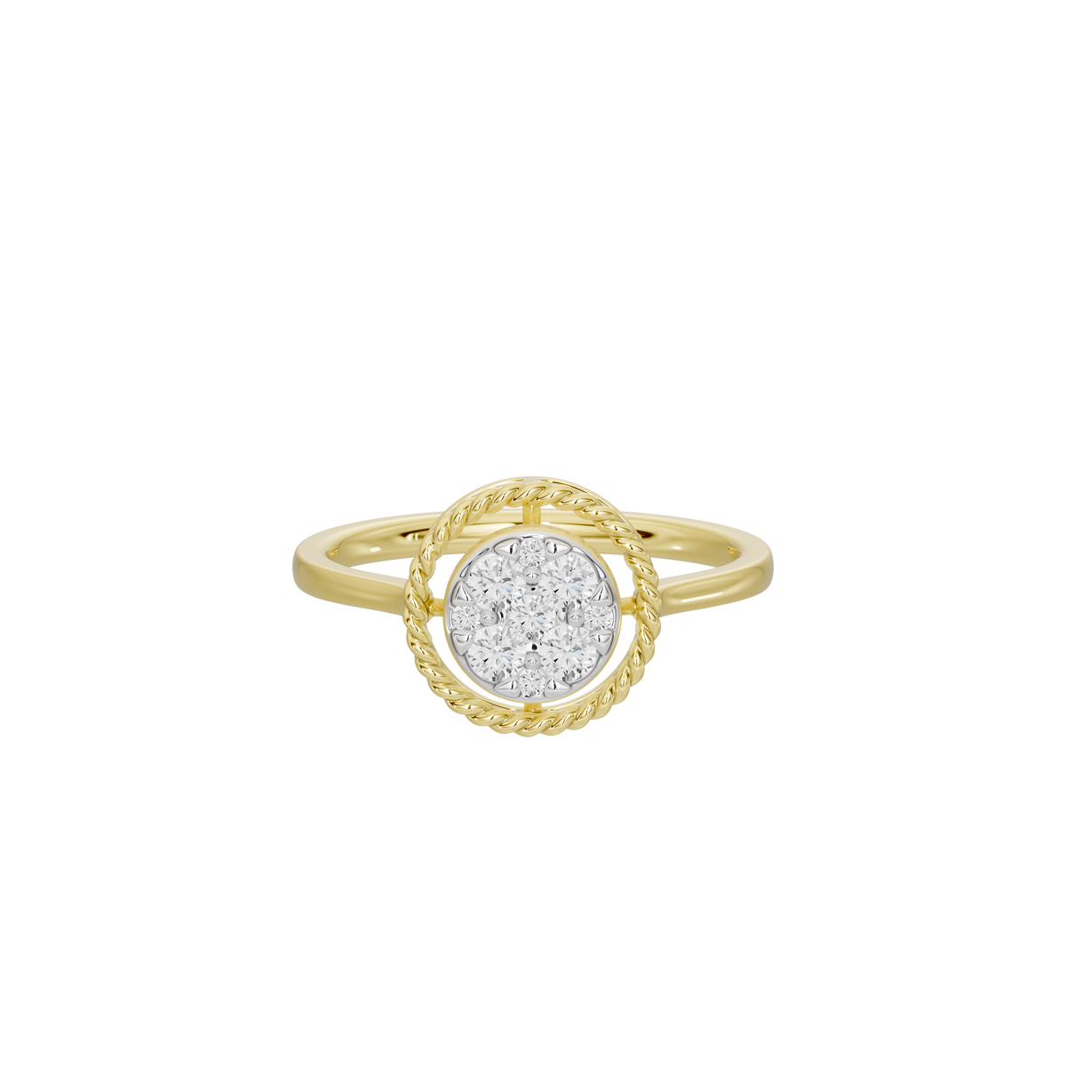 Yellow gold vermeil lab diamond halo ring with round center stone in braided frame