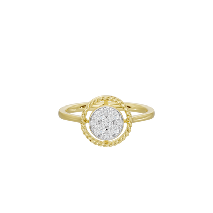 Yellow gold vermeil lab diamond halo ring with round center stone in braided frame