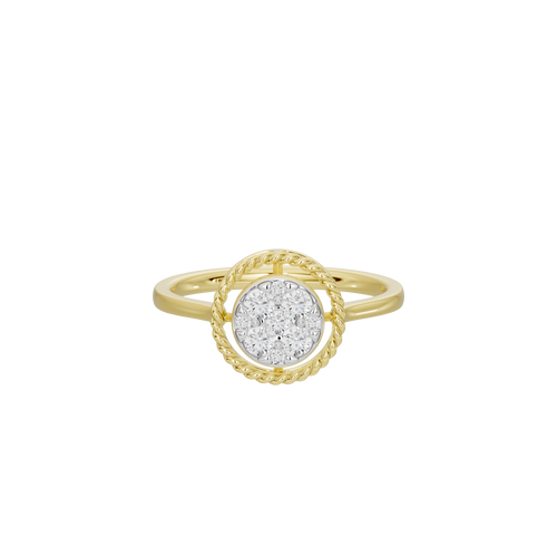 Yellow gold vermeil lab diamond halo ring with round center stone in braided frame