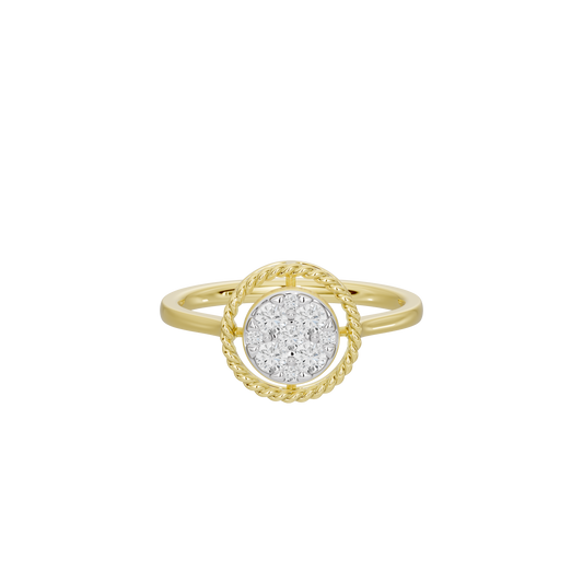 Yellow gold vermeil lab diamond halo ring with round center stone in braided frame