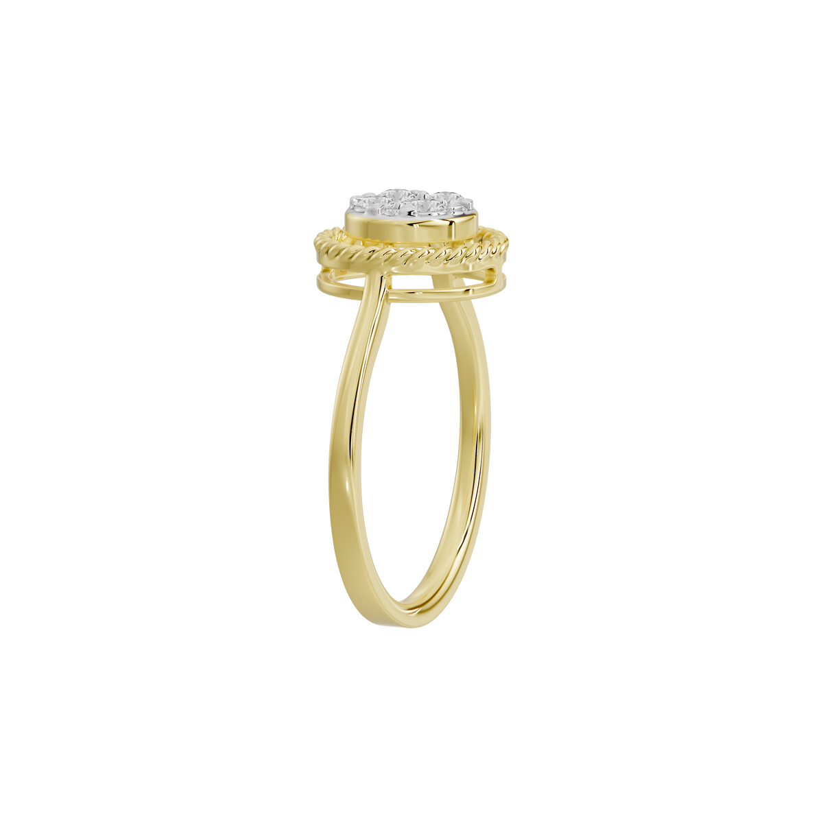 Yellow gold vermeil lab diamond halo ring, braided band detail from the side