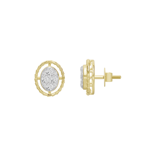 Oval halo diamond earrings in yellow gold vermeil, side view with stud posts