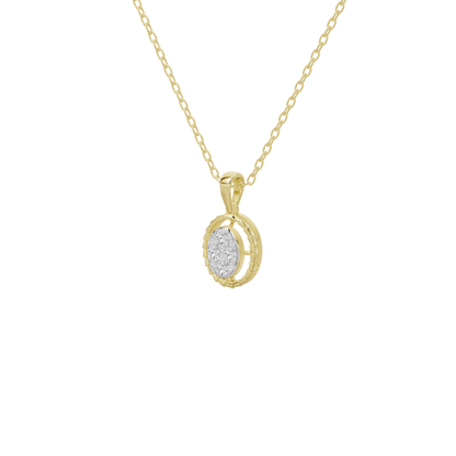 Gold vermeil oval pendant with diamond halo, hanging from cable chain