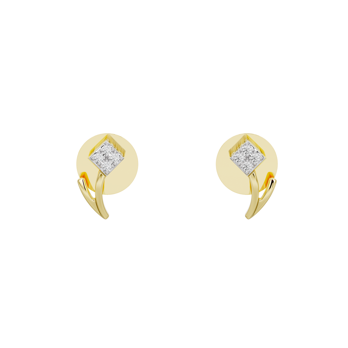 Yellow gold vermeil lab diamond earrings with square stone, curved band, front view