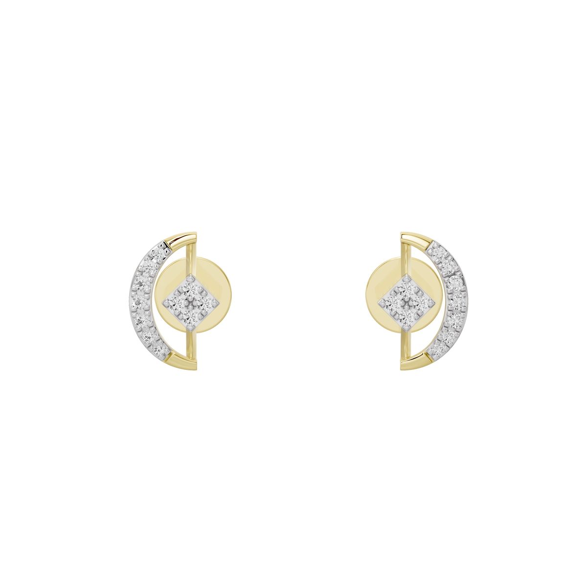 Yellow gold vermeil lab diamond earrings with round center stones and curved halo