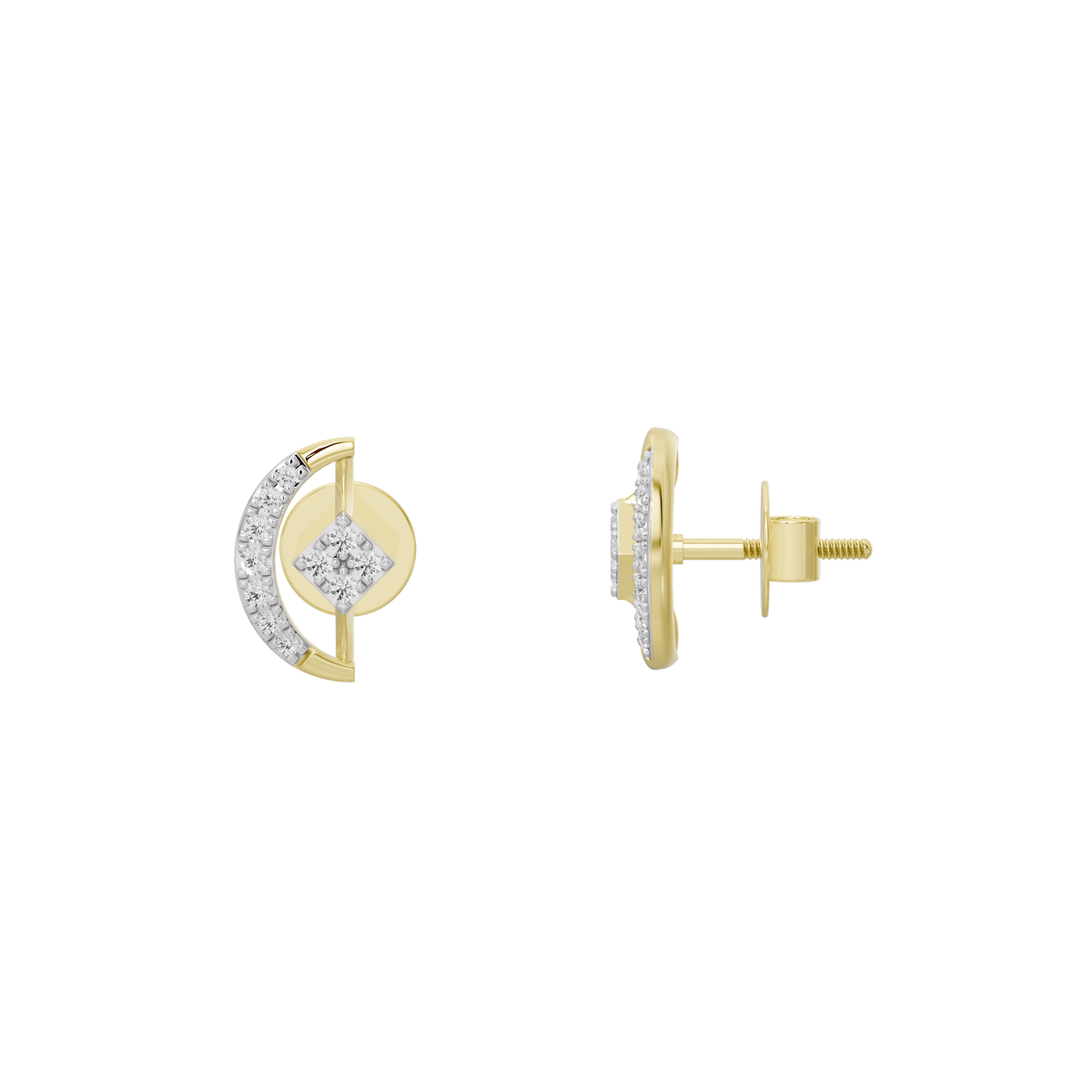Yellow gold vermeil lab diamond earrings with round stones, showing hinged post back