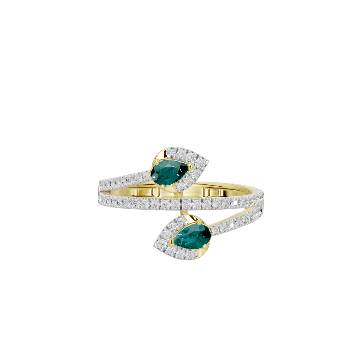 Yellow gold ring with emerald-green stones and diamond pavé accents on two bands