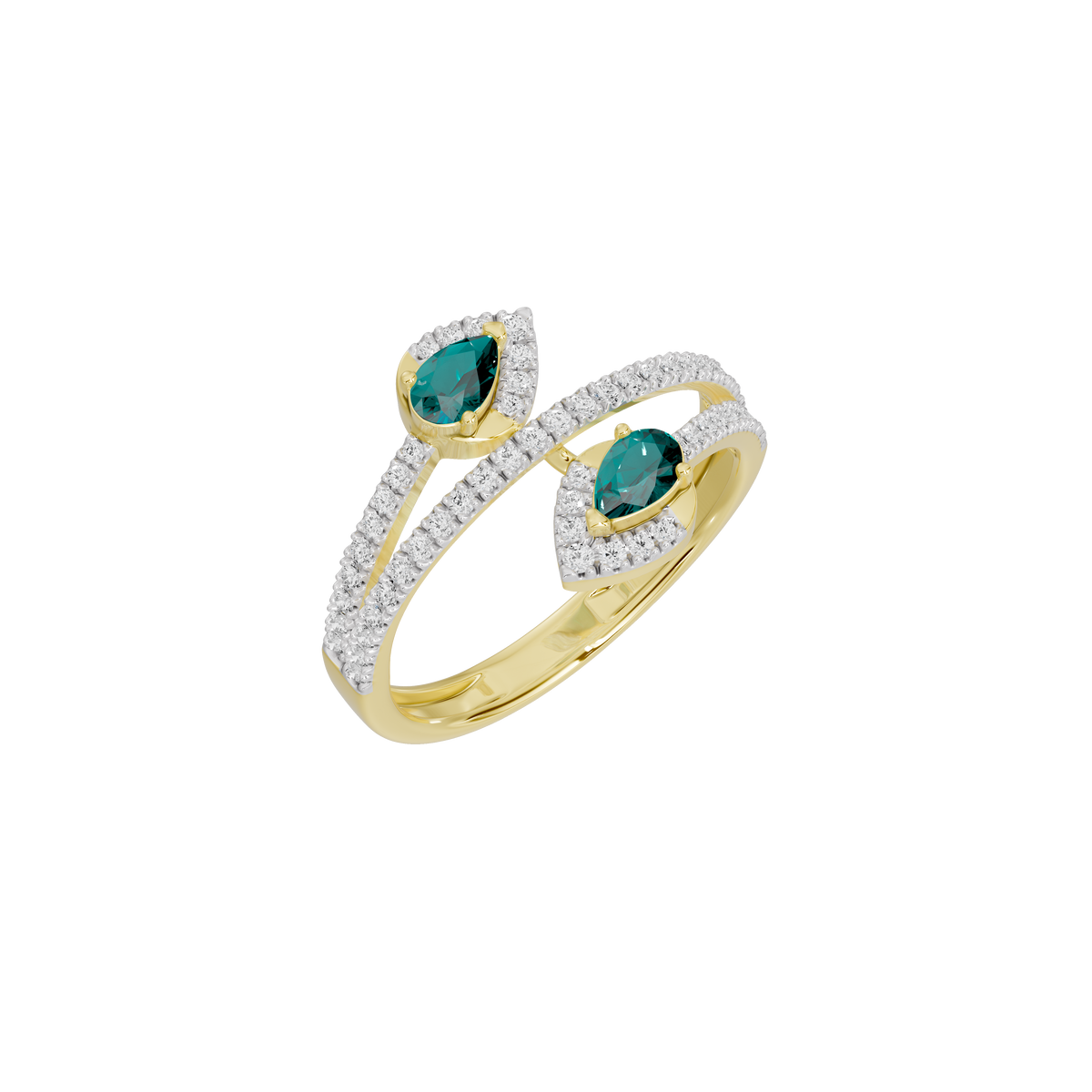 Yellow gold vermeil double-row ring with two emerald-green stones and diamond pavé