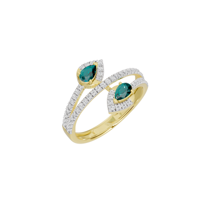 Yellow gold vermeil double-row ring with two emerald-green stones and diamond pavé
