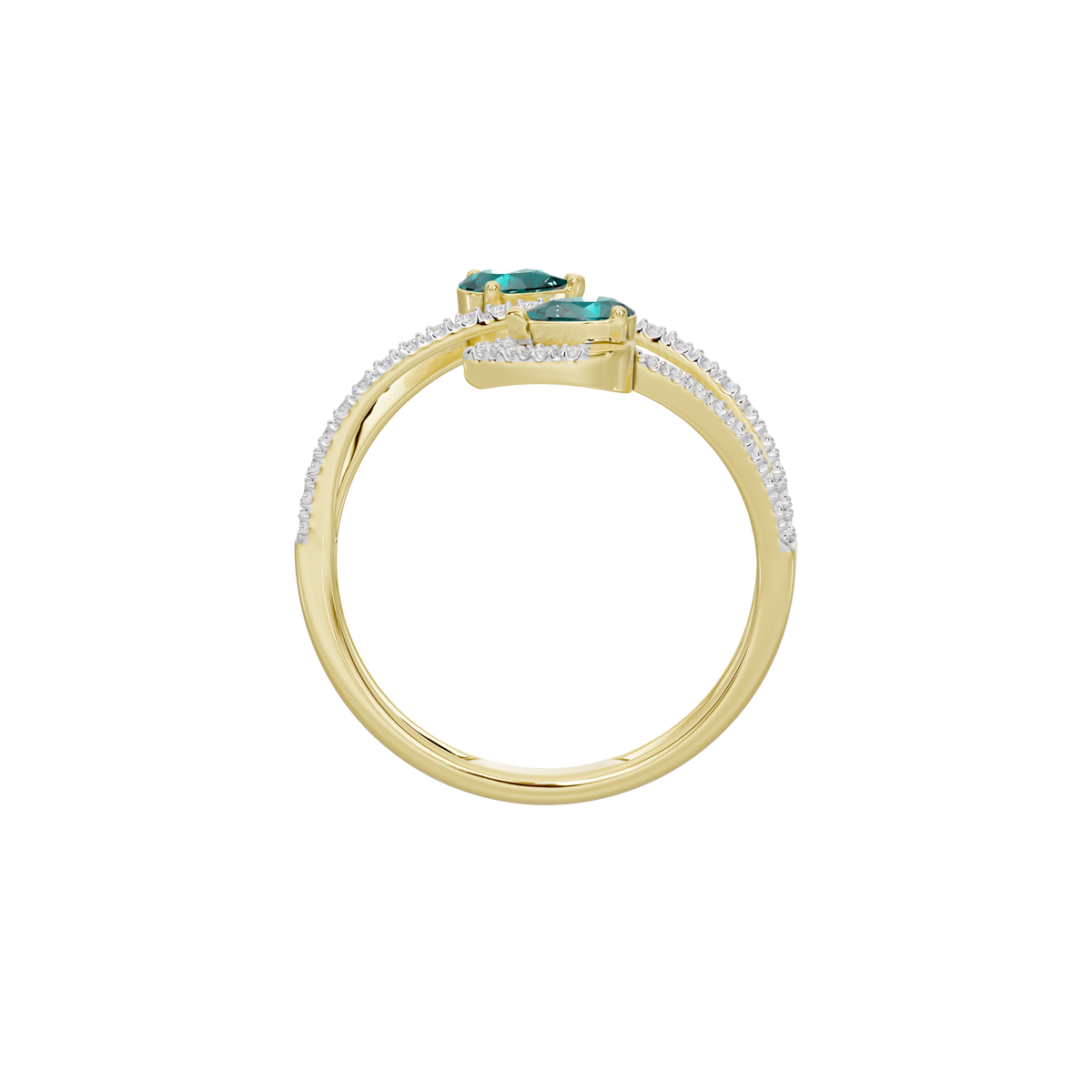 Yellow gold ring with diamond pavé band and emerald-green center stone