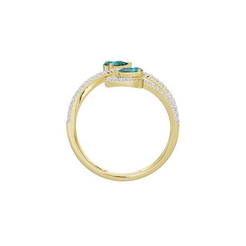 Yellow gold ring with diamond pavé band and emerald-green center stone