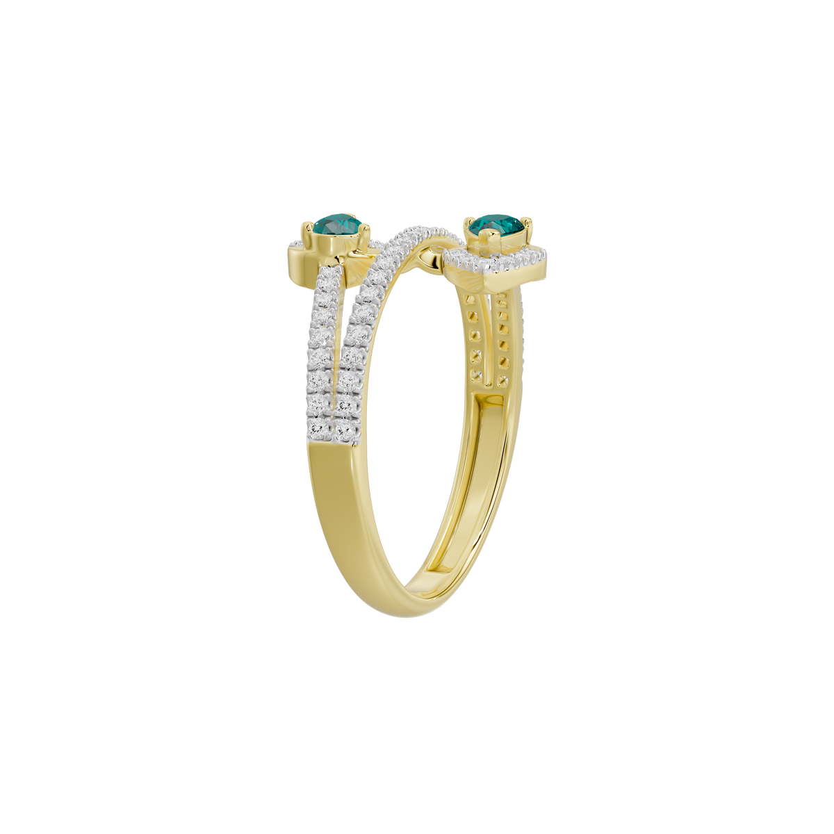 Yellow gold vermeil ring with emerald-green lab diamonds in prong settings