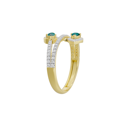 Yellow gold vermeil ring with emerald-green lab diamonds in prong settings