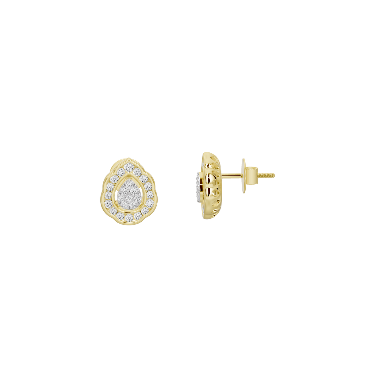 Yellow gold vermeil teardrop halo stud earrings, side view
