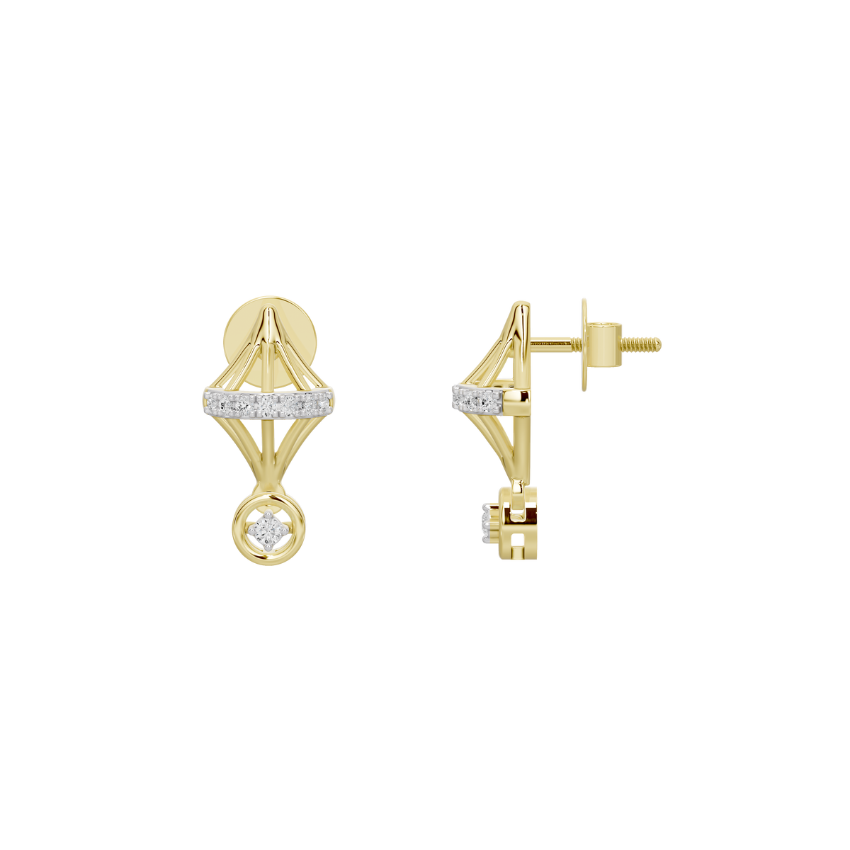 Yellow gold vermeil stud earrings with lab diamond charm, side view of back