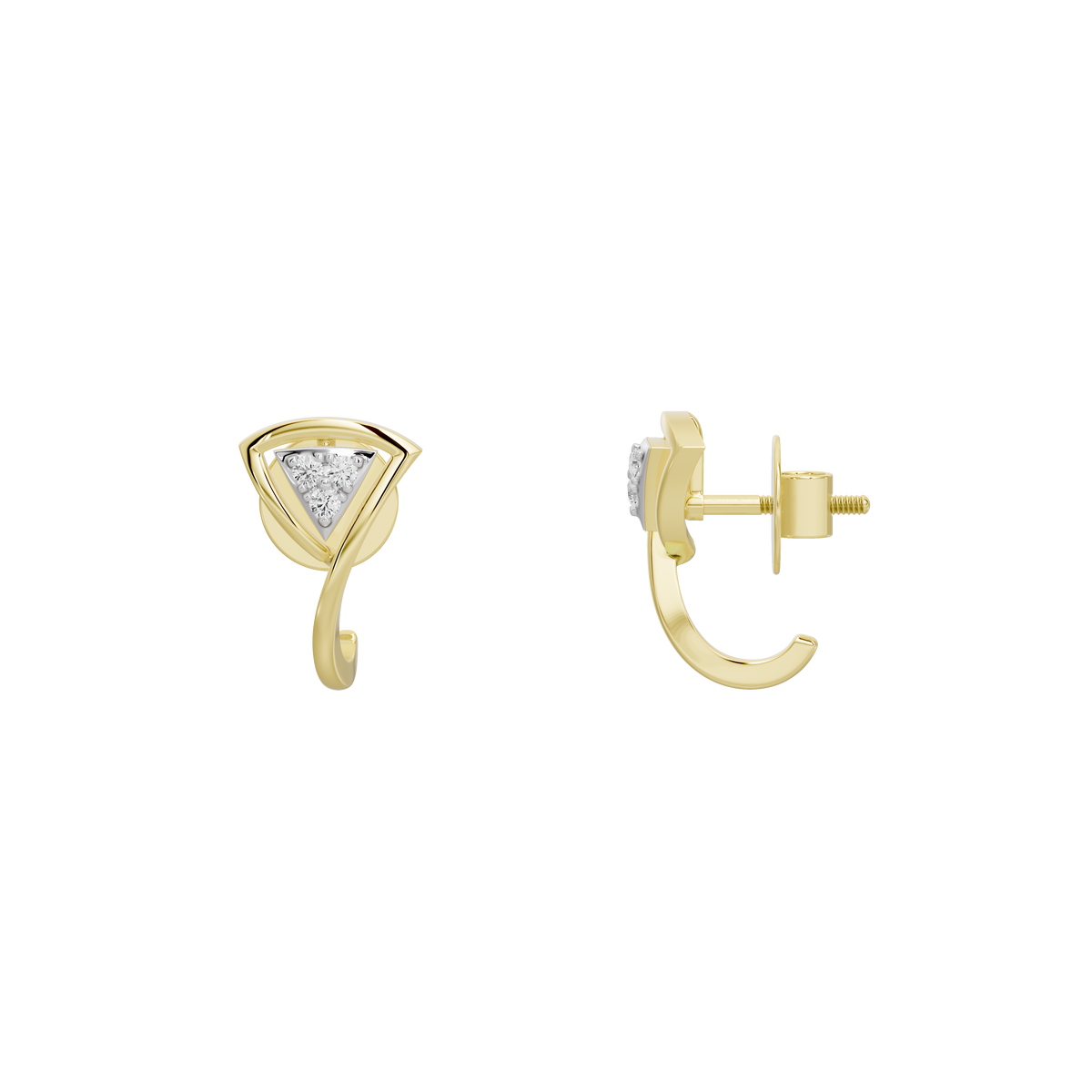 Yellow gold vermeil lab diamond earrings with triangular center and hoop backs