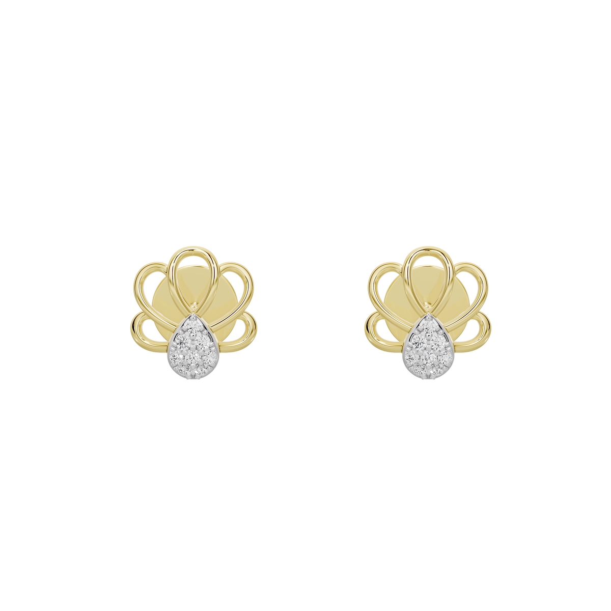 Yellow gold vermeil stud earrings with heart crest and round lab diamonds