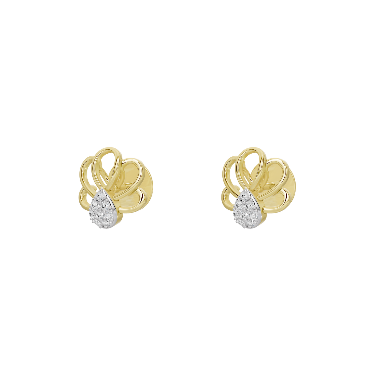 Yellow gold vermeil stud earrings with pear-shaped heart crest and round lab diamond