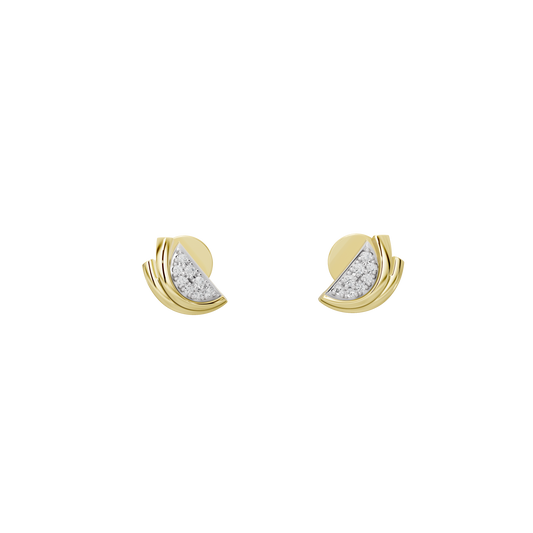 Crescent moon lab diamond earrings in yellow gold vermeil, front view, stud pair.
