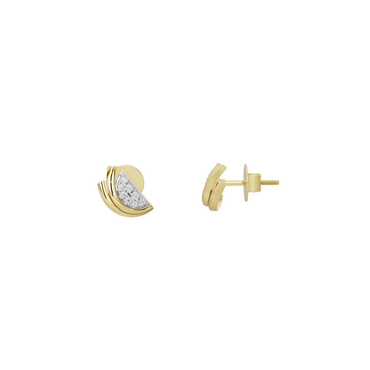 Crescent moon lab diamond earring set, one front and one back view, yellow gold vermeil.