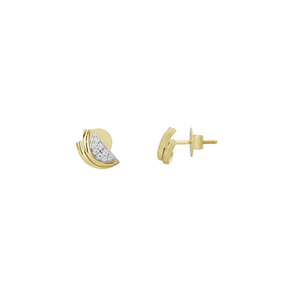 Crescent moon lab diamond earring set, one front and one back view, yellow gold vermeil.