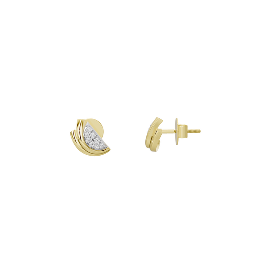 Crescent moon lab diamond earring set, one front and one back view, yellow gold vermeil.