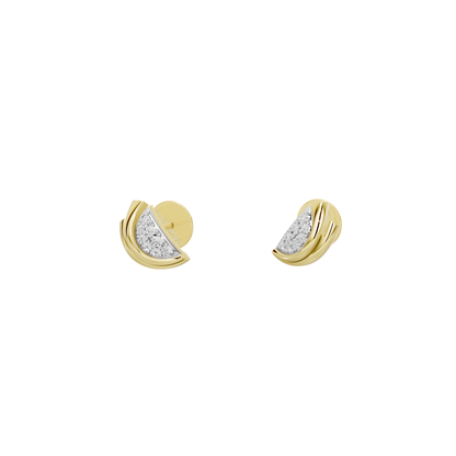 Crescent moon lab diamond earrings, yellow gold vermeil, angled front view, stud pair.