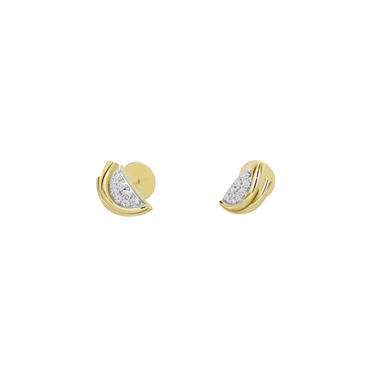 Crescent moon lab diamond earrings, yellow gold vermeil, angled front view, stud pair.