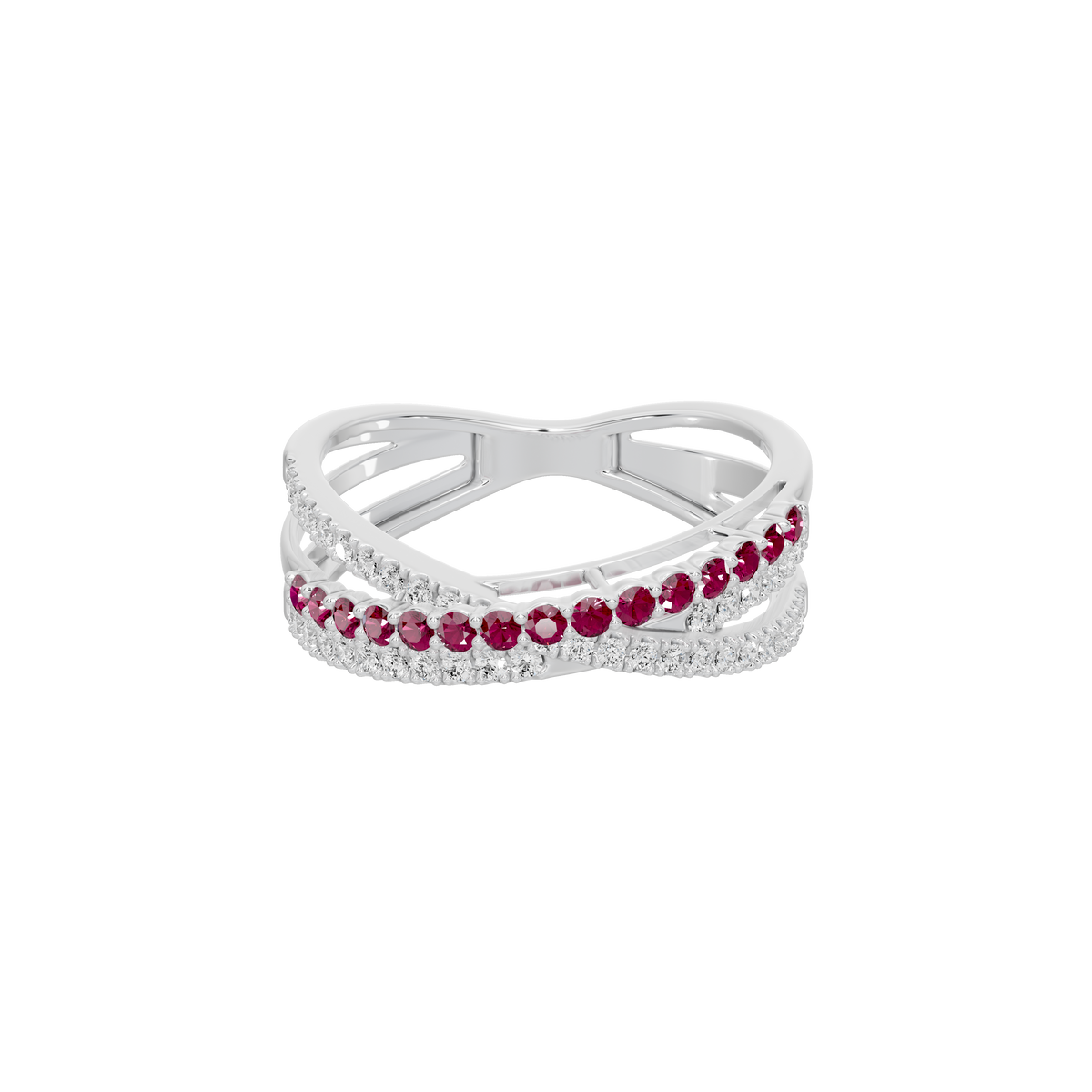 Sterling silver ring with ruby stones and diamond-look pave, open crisscross band