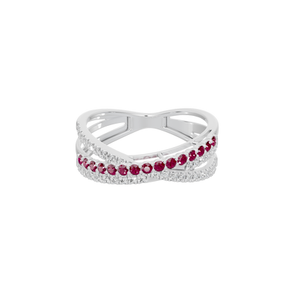 Sterling silver ring with ruby stones and diamond-look pave, open crisscross band