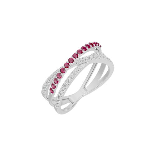 Sterling silver ring with ruby stone row and diamond-look pave, curved side view