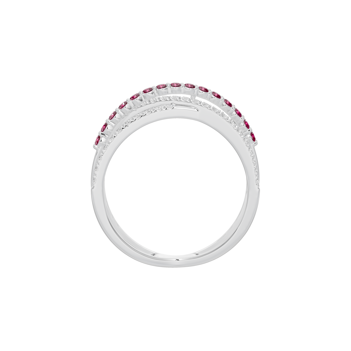 Sterling silver band ring with ruby stone row along the top edge