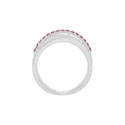 Sterling silver band ring with ruby stone row along the top edge