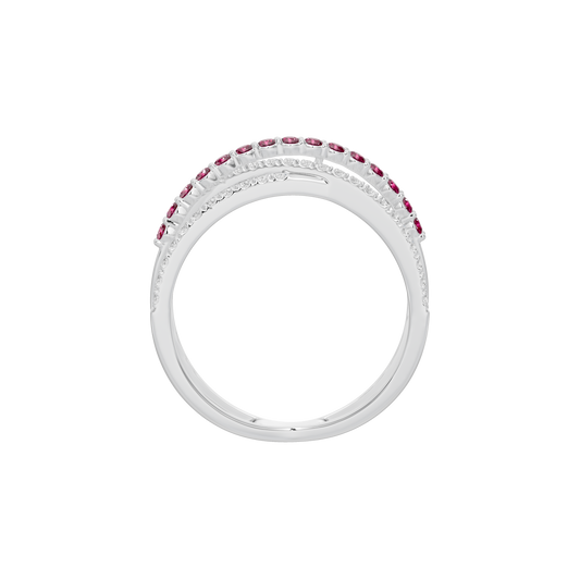 Sterling silver band ring with ruby stone row along the top edge