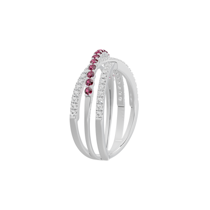 Sterling silver ring with ruby stone row and diamond-look pave, side profile