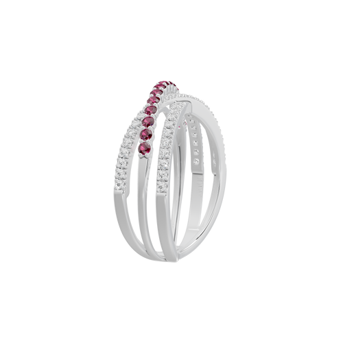 Sterling silver ring with ruby stone row and diamond-look pave, side profile