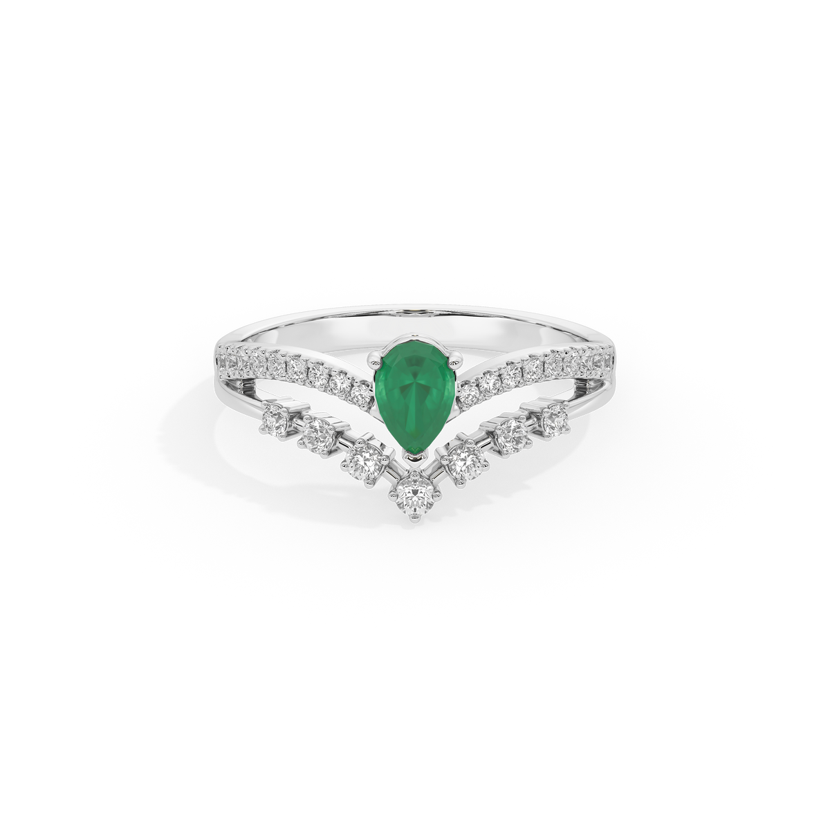Sterling silver ring with green pear-shaped center stone and diamond side accents
