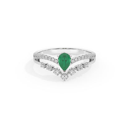 Sterling silver ring with green pear-shaped center stone and diamond side accents