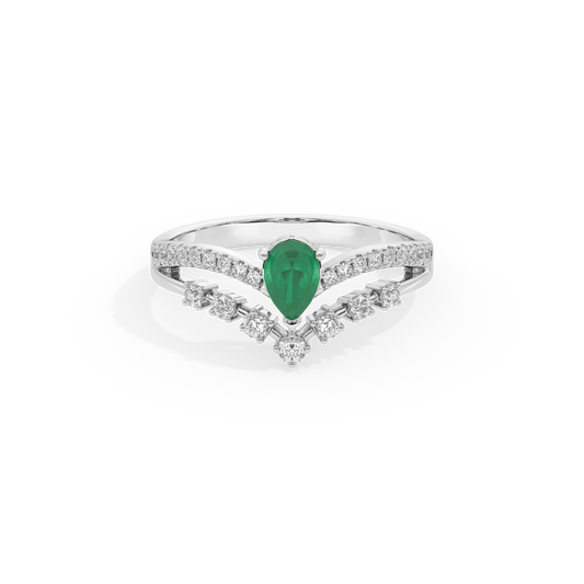 Sterling silver ring with green pear-shaped center stone and diamond side accents