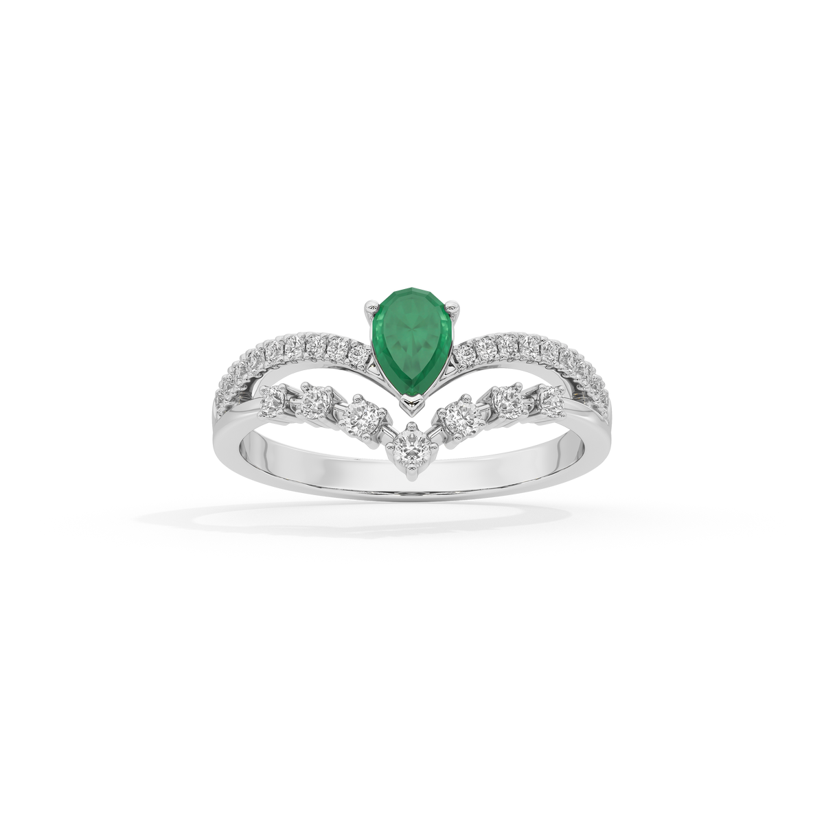 Sterling silver ring with green teardrop center stone and V-shaped diamond setting