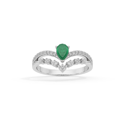 Sterling silver ring with green teardrop center stone and V-shaped diamond setting