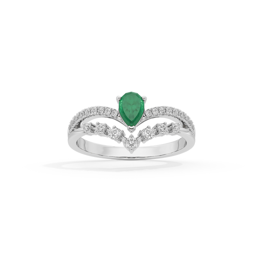 Sterling silver ring with green teardrop center stone and V-shaped diamond setting