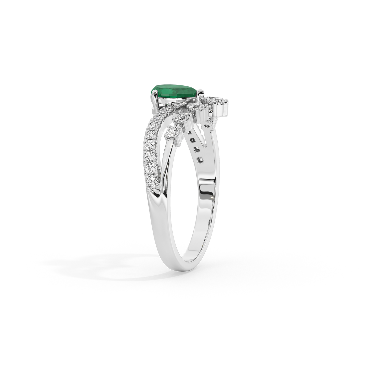 Sterling silver ring with green emerald center stone and diamond halo