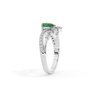 Sterling silver ring with green emerald center stone and diamond halo